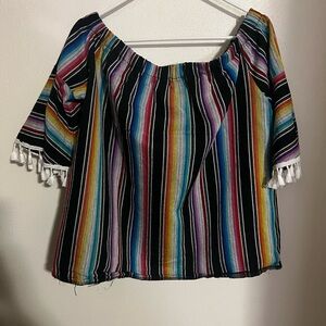 L&B LUCK & BLESSED Western Aztec Sarape Striped Wide Neck Off Shoulder Top Sz XL